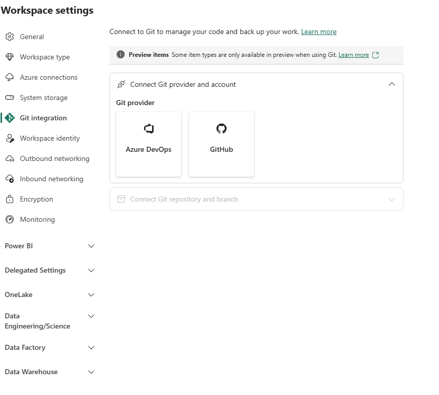 Workspace Settings Git integration — Azure DevOps and GitHub both available as providers